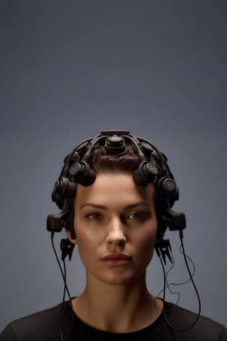 Woman wearing a black neural interface headset with multiple sensors around her head against a gray background.