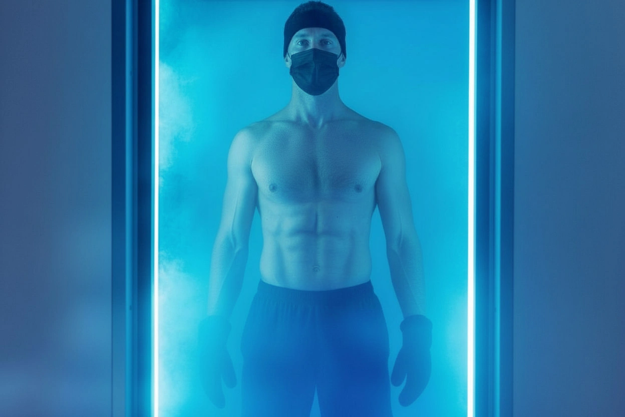 Man in a cryotherapy chamber wearing a face mask, lit in cold blue light