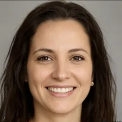 Smiling woman with long dark hair and brown eyes against a plain background.