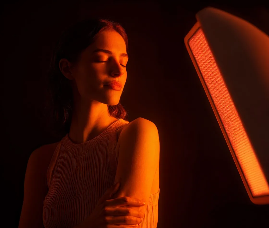 Woman with closed eyes illuminated by a warm orange light red light therapy from a lamp on the right side against a dark background.