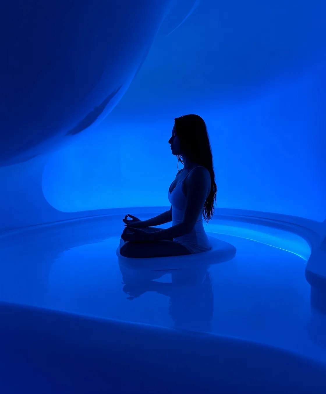 Silhouette of a woman meditating cross-legged in a glowing blue water pool.